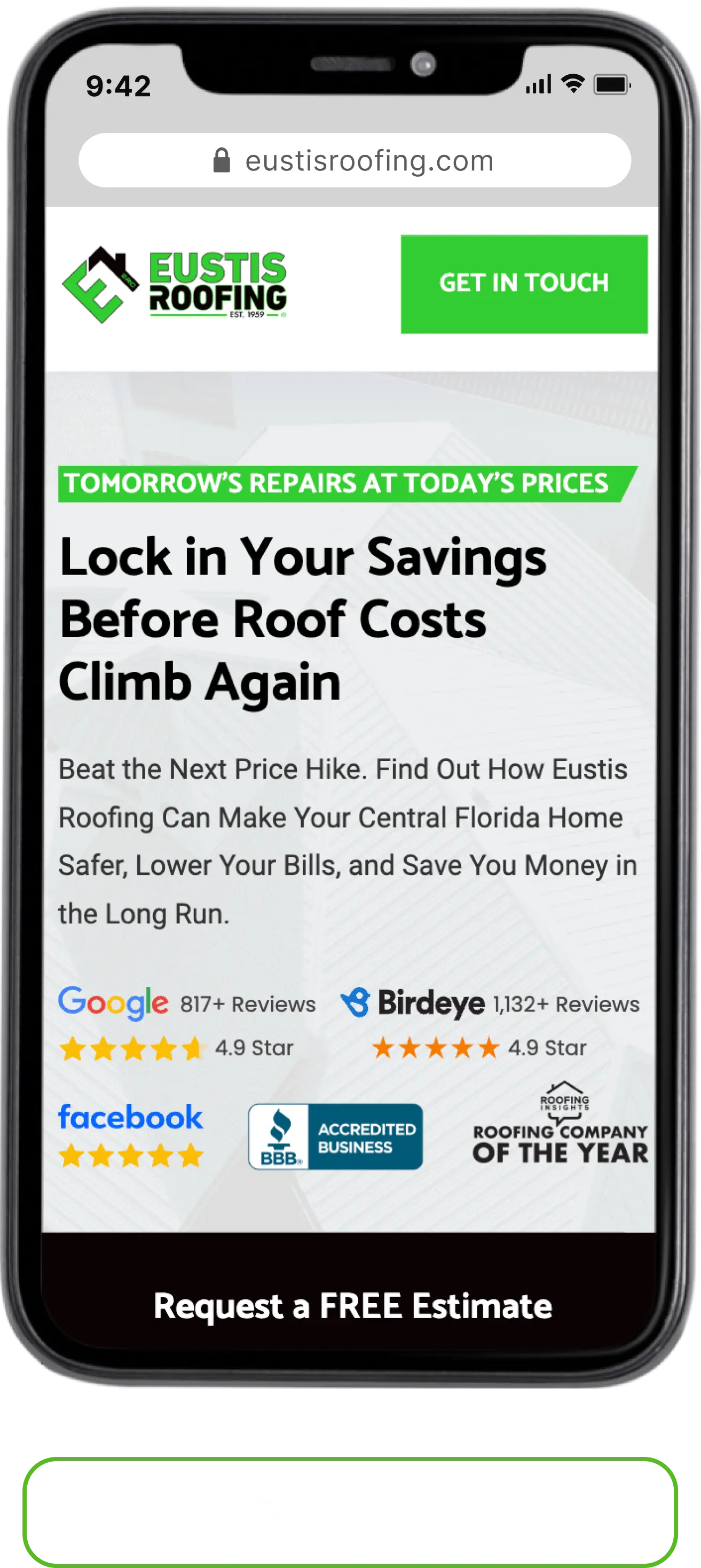 Eustis Roofing Landing Page — 9.5% CVR