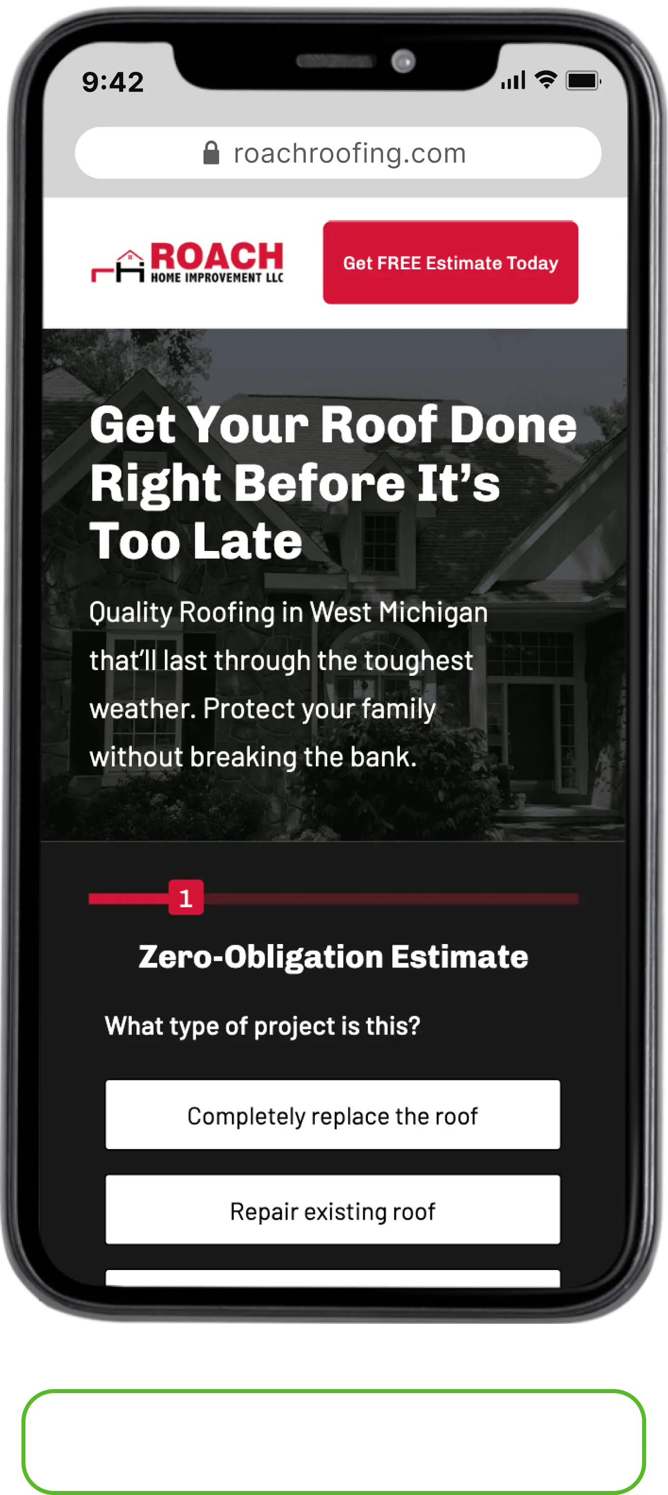 Roach Roofing Landing Page — 9.2% CVR