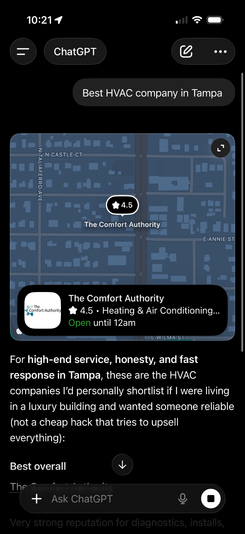 ChatGPT mobile answer to 'Best HVAC company in Tampa' — surfacing The Comfort Authority as the top pick with a map widget and a personalized recommendation paragraph