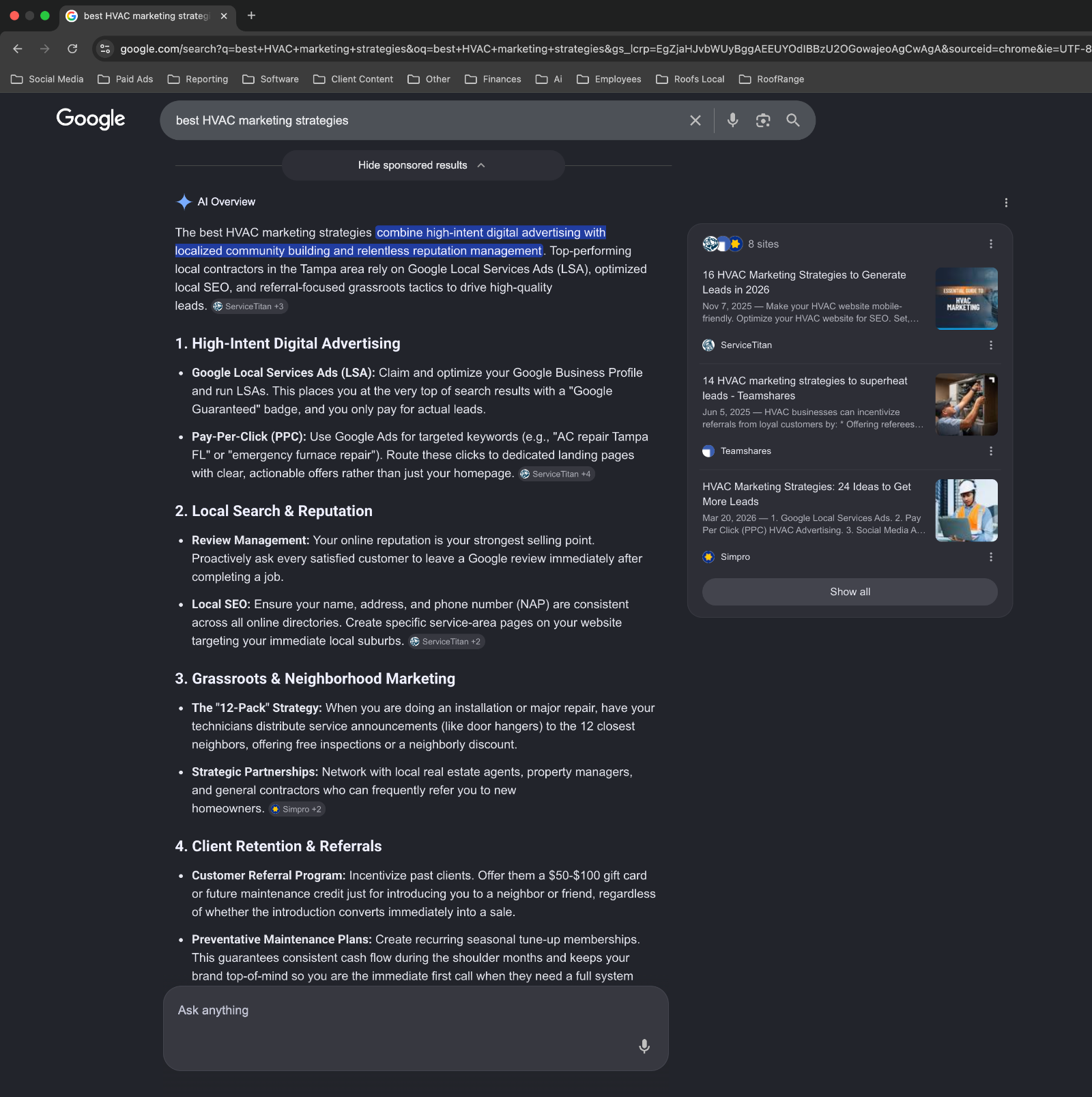 Google AI Overview for 'best HVAC marketing strategies' — Tampa, FL. Shows extracted answer plus 8 cited sources including ServiceTitan, Teamshares, and Simpro.