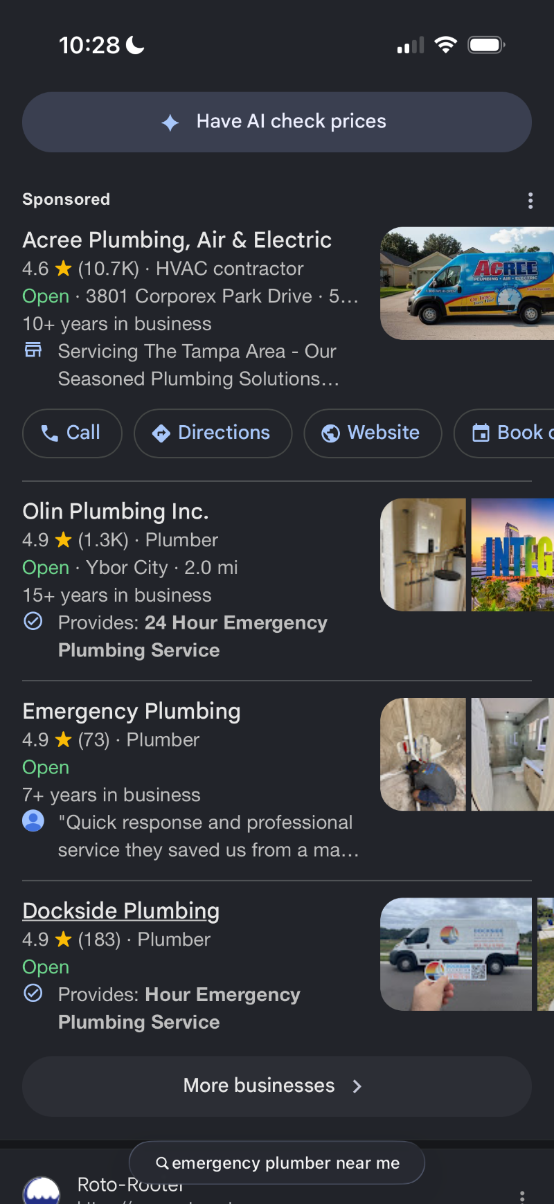 Mobile Google search results for 'emergency plumber near me' — sponsored Acree Plumbing, then Olin, Emergency Plumbing, and Dockside below the fold