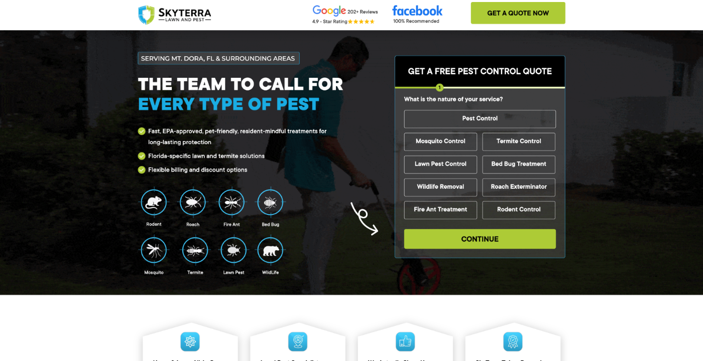 SkyTerra Lawn & Pest landing page — built by Salty's Media. Trust strip, real crew, pre-qualifying form above the fold.