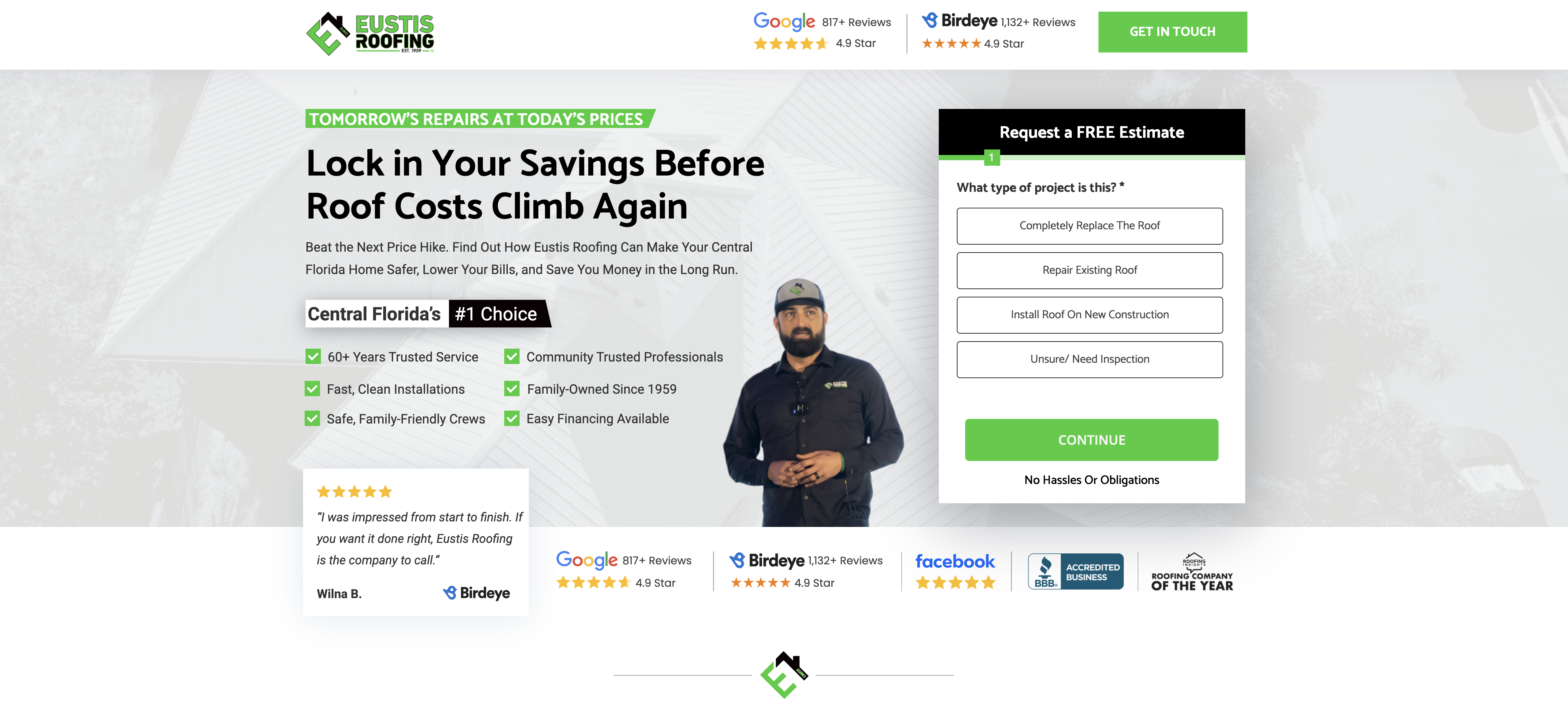 Eustis Roofing landing page — built by Salty's Media