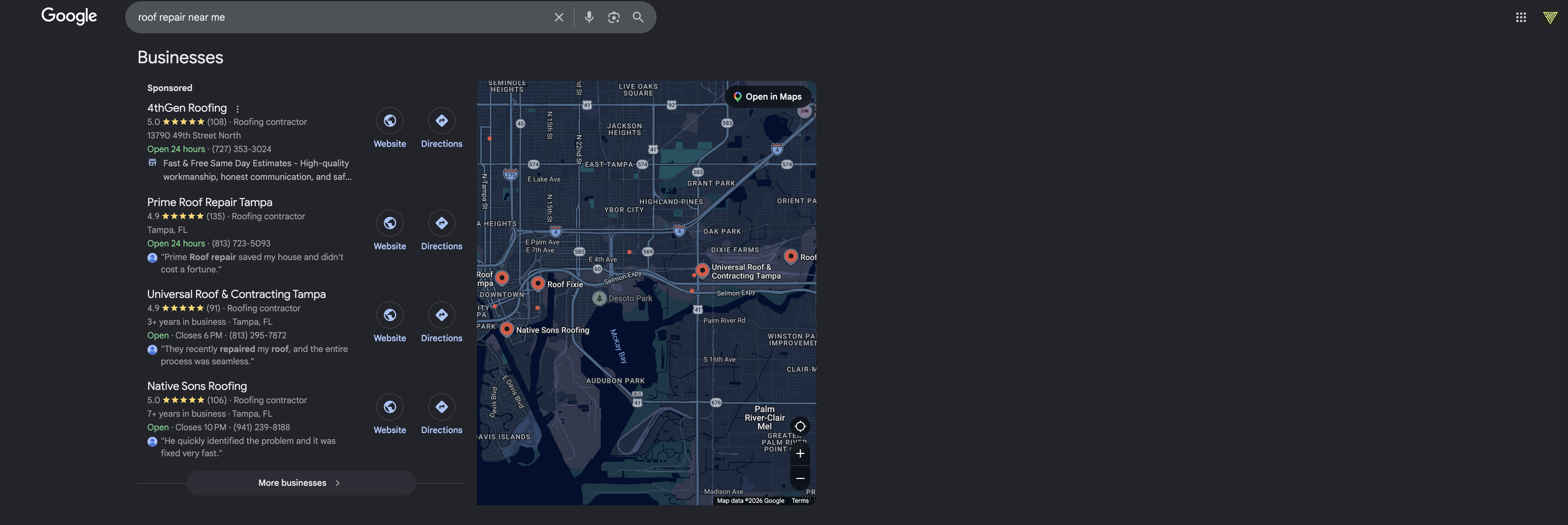 Google local pack for 'roof repair near me' — Tampa, FL