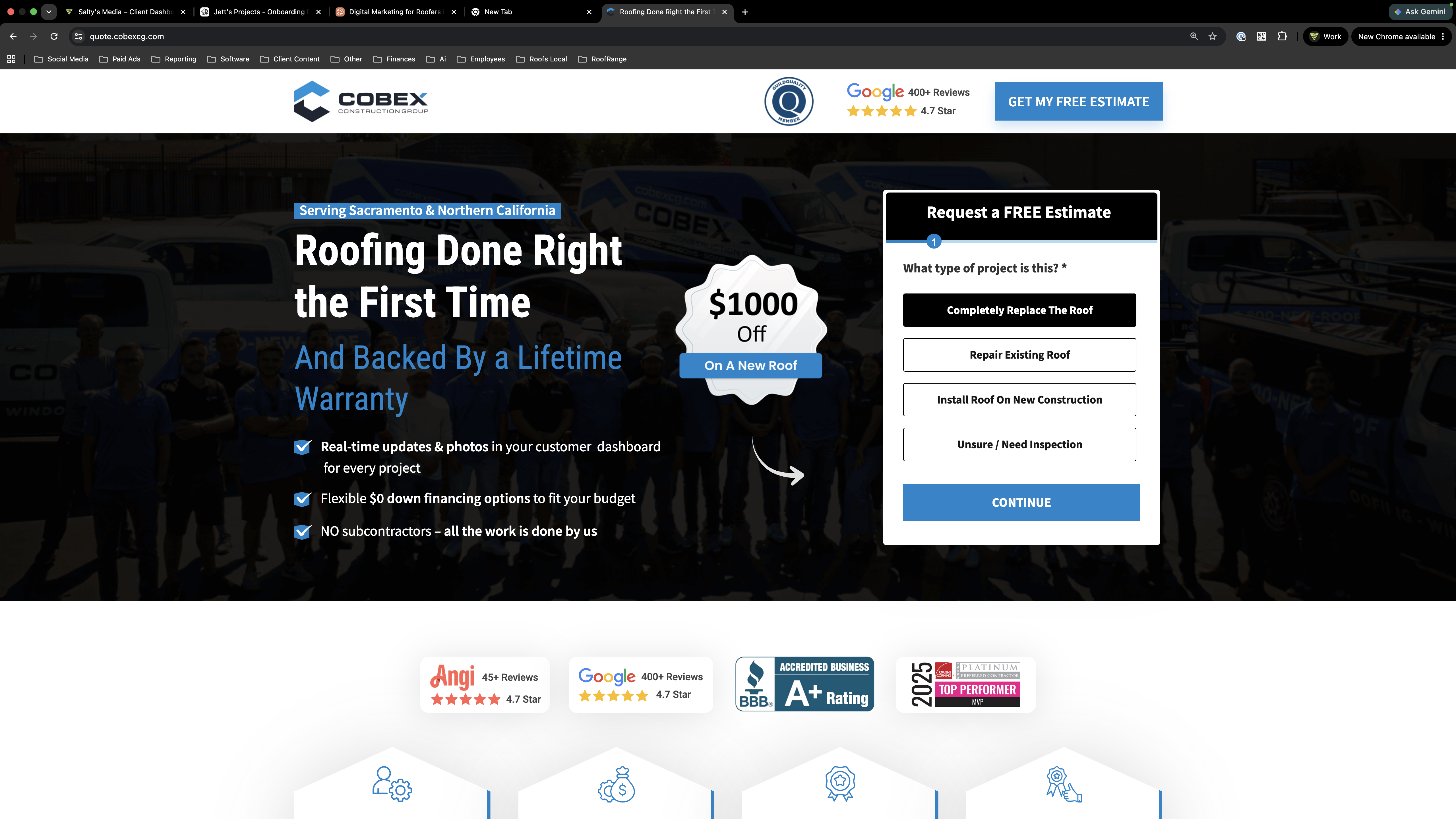 Cobex Construction Group roofing landing page