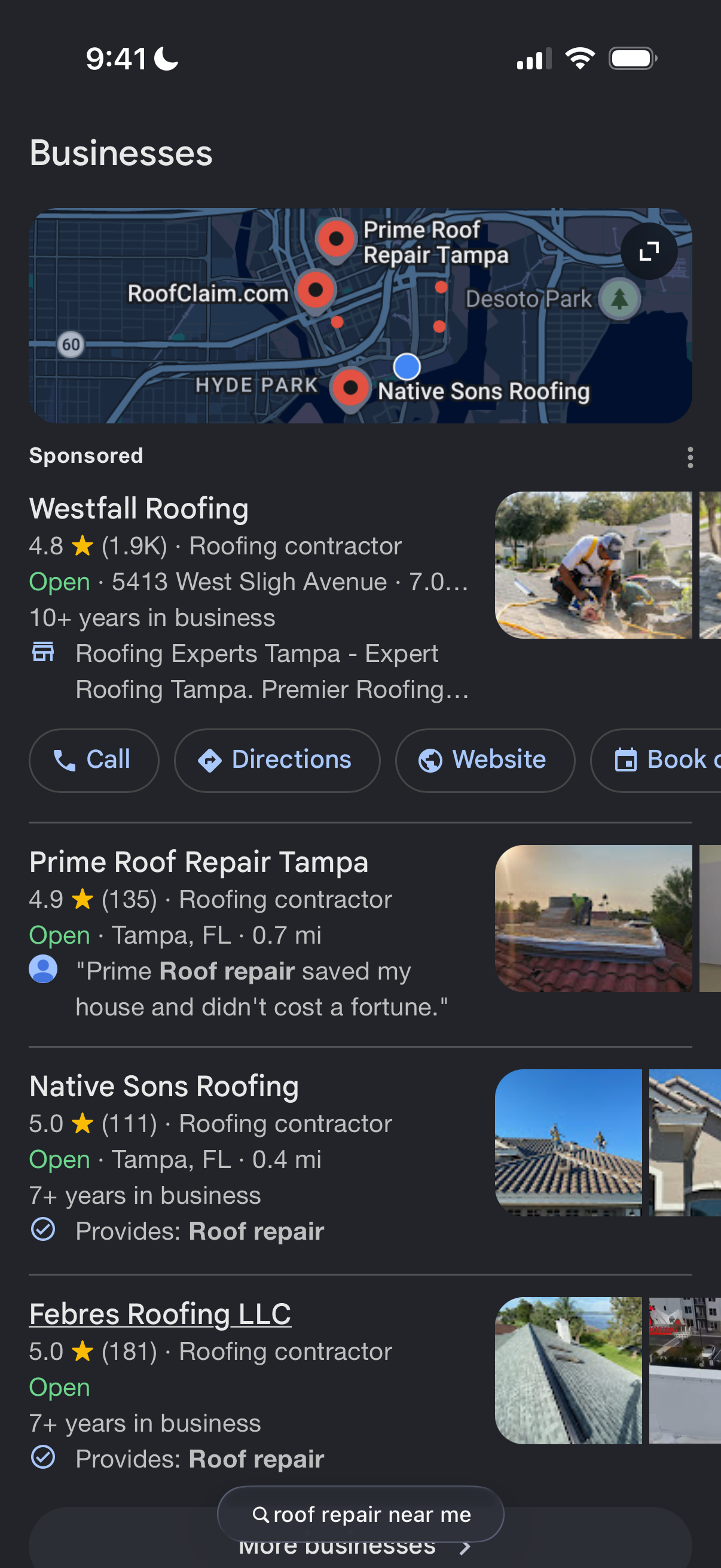 Google local pack for 'roof repair near me' — Tampa, FL